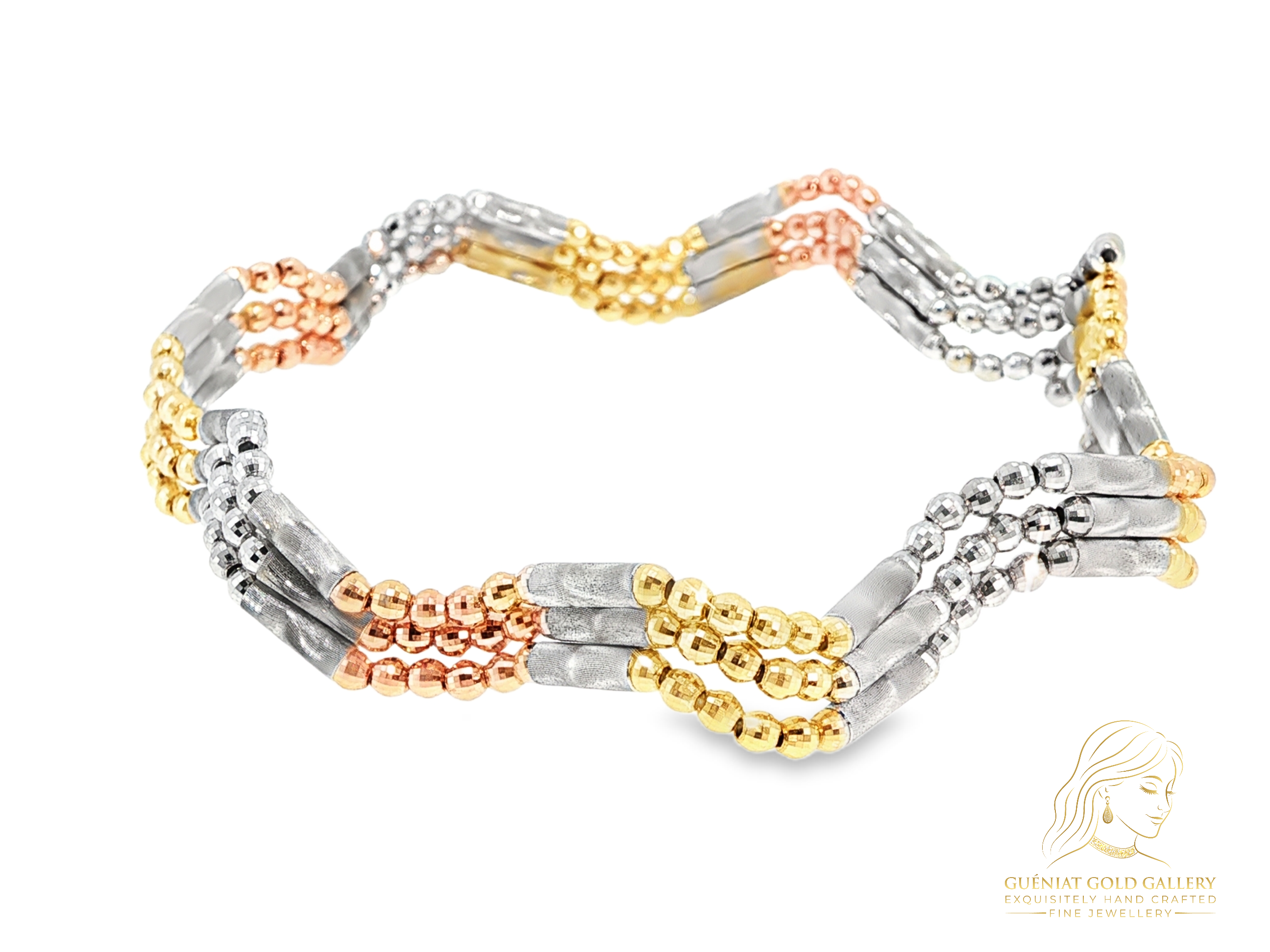 Flexi Magnetique beaded wave necklace in 18ct yellow, white and rose gold