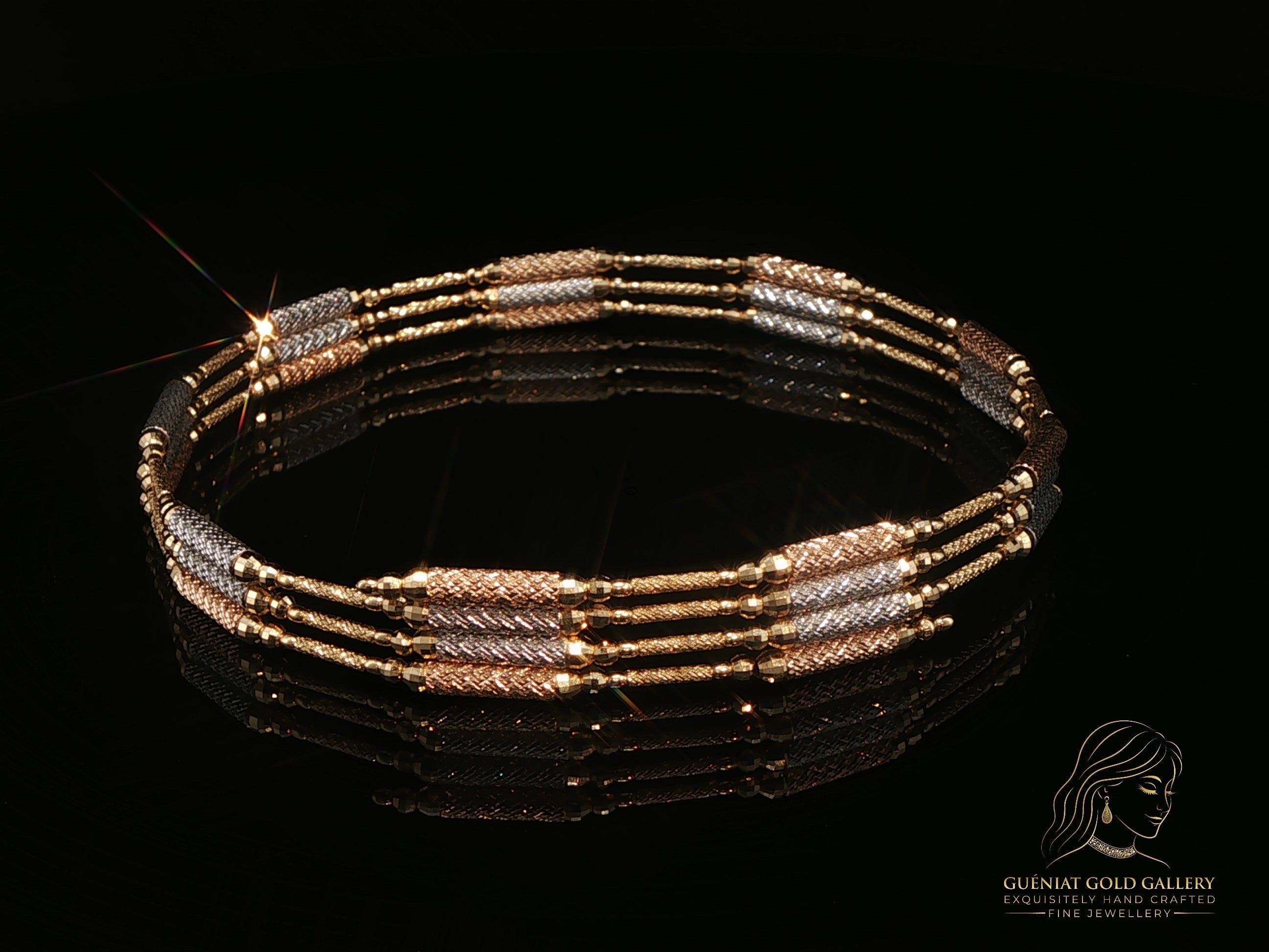 Flexi Magnetique beaded cuff in 18ct yellow, rose and white gold