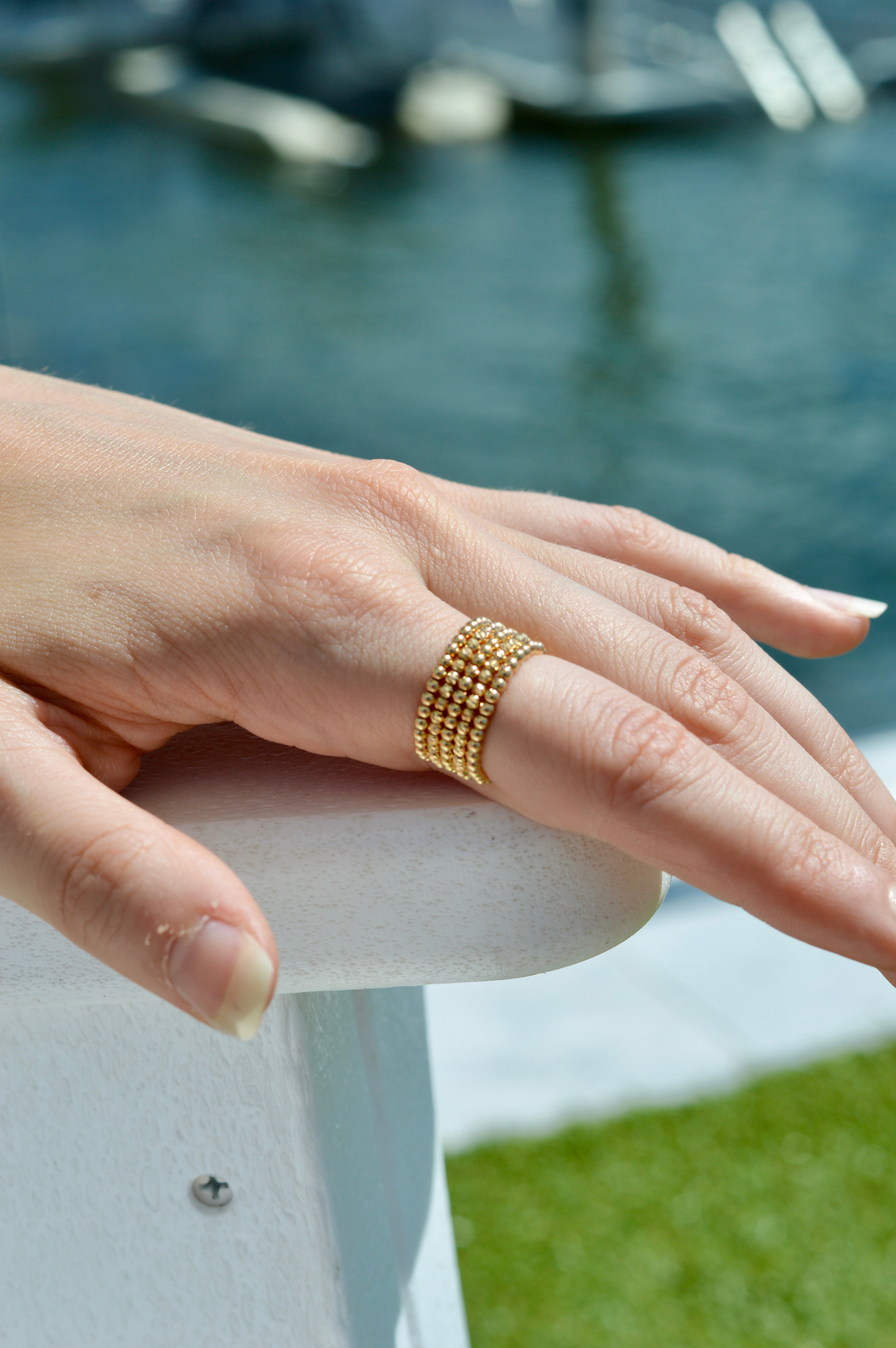 Flexi Magique Perlee - 18ct gold, open back, beaded ring in yellow gold (flexi fit sizes L to U).