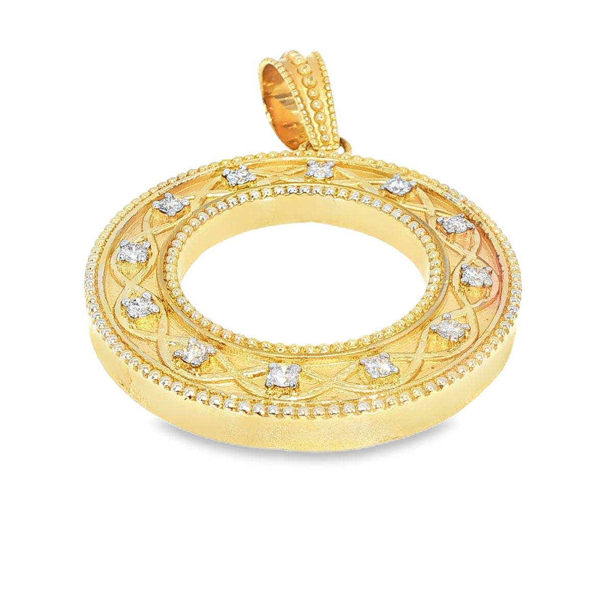 Yellow Gold Open Circle Diamond Pendant with Milgrain Detailing