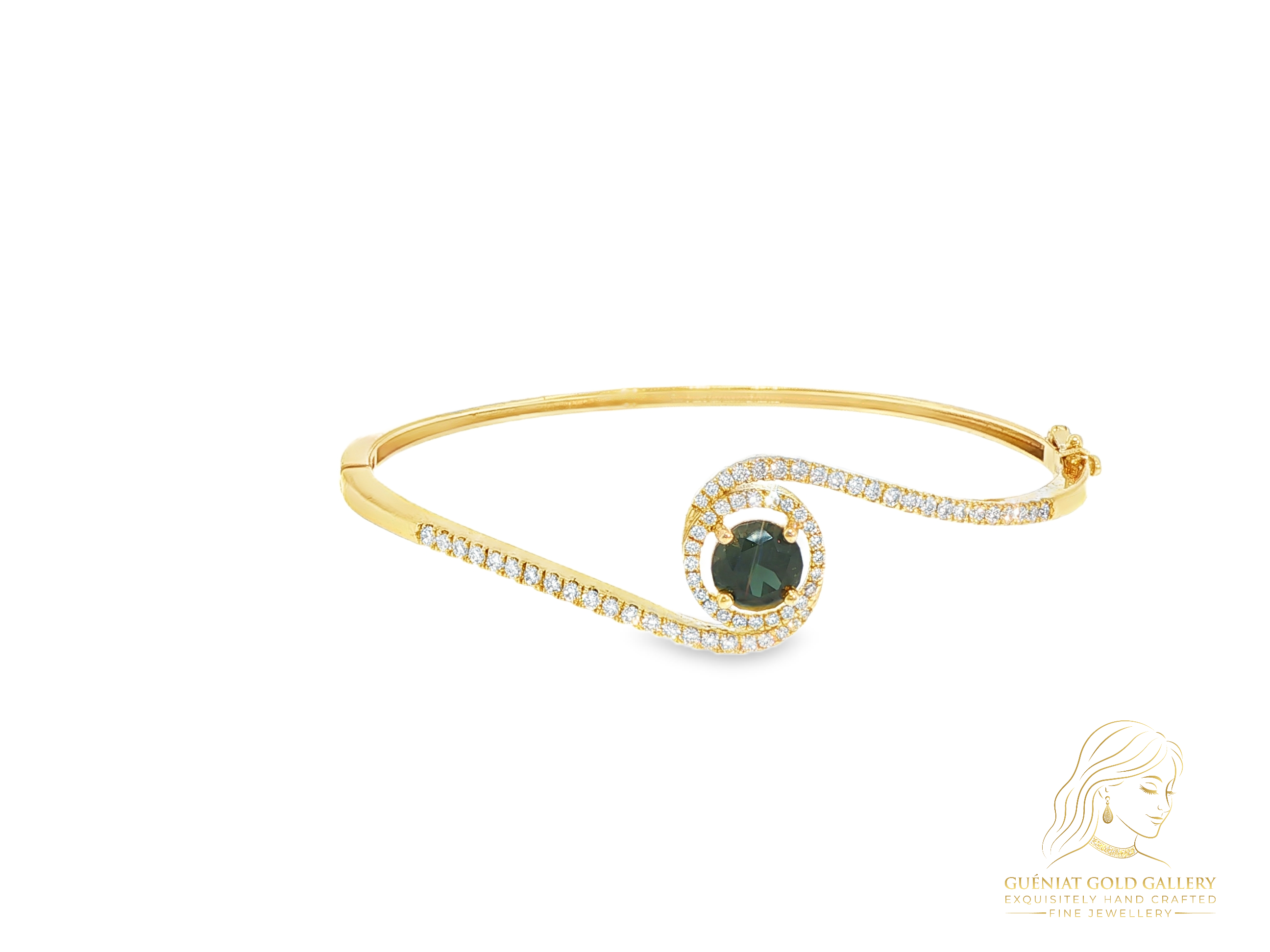 La Gemme Swirl Bangle in your choice of central stone & natural diamonds in 18k yellow gold (customisable).